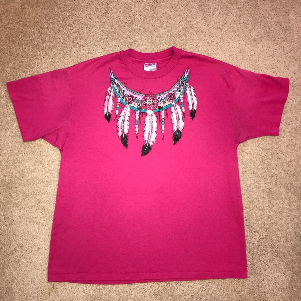 Vintage 90s Hanes Indian Feathers Graphic Tee Adult Size XL Pink USA Made Flaw